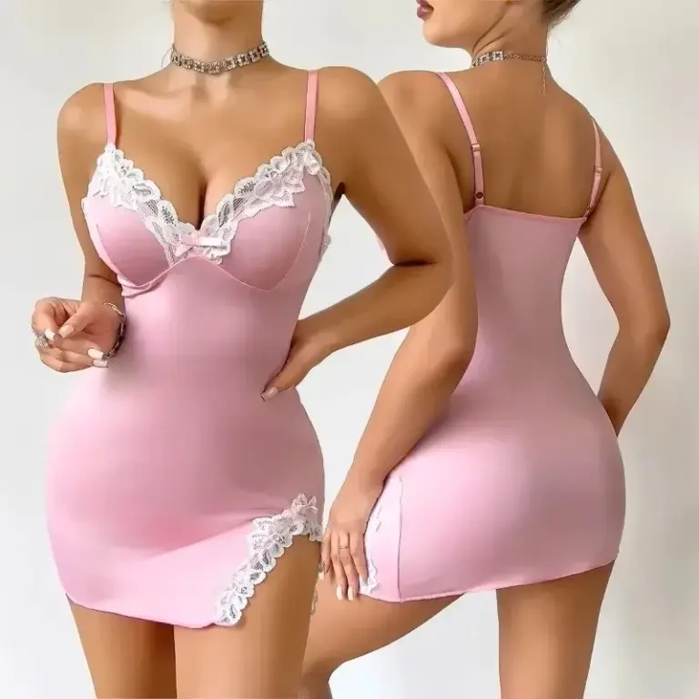 Pink Women Nightdress with Lace and Deep V Pink Women Nightdress with Lace and Deep V