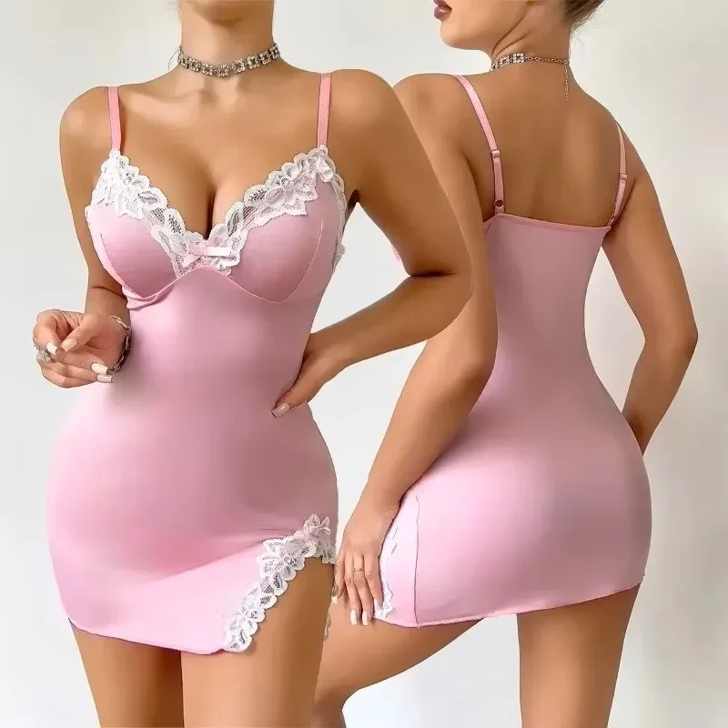 Pink Women Nightdress with Lace and Deep V Pink Women Nightdress with Lace and Deep V