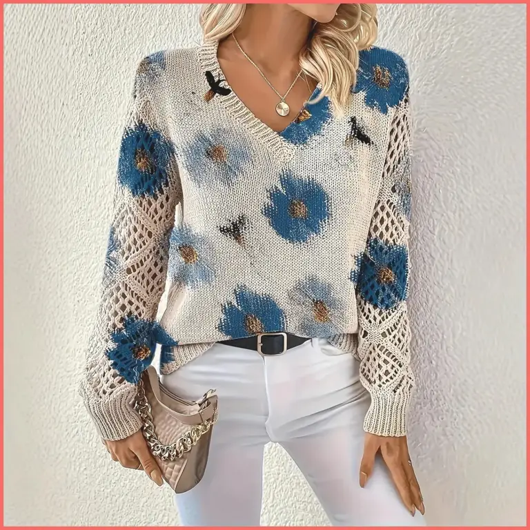 bohemian floral v-neck pullover | hollow print long sleeve knitting sweater | 2025 fashion casual top (characters: 78) bohemian floral v-neck pullover | hollow print long sleeve knitting sweater | 2025 fashion casual top (characters: 78)
