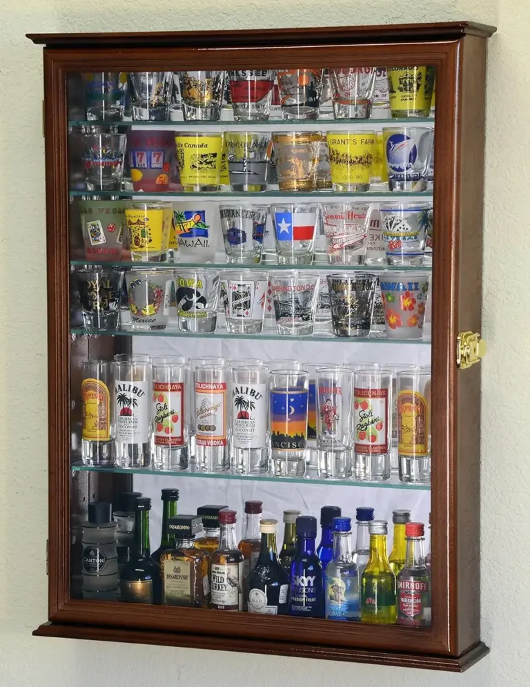 Walnut Shot Glass Display Cabinet with 7 Shelves