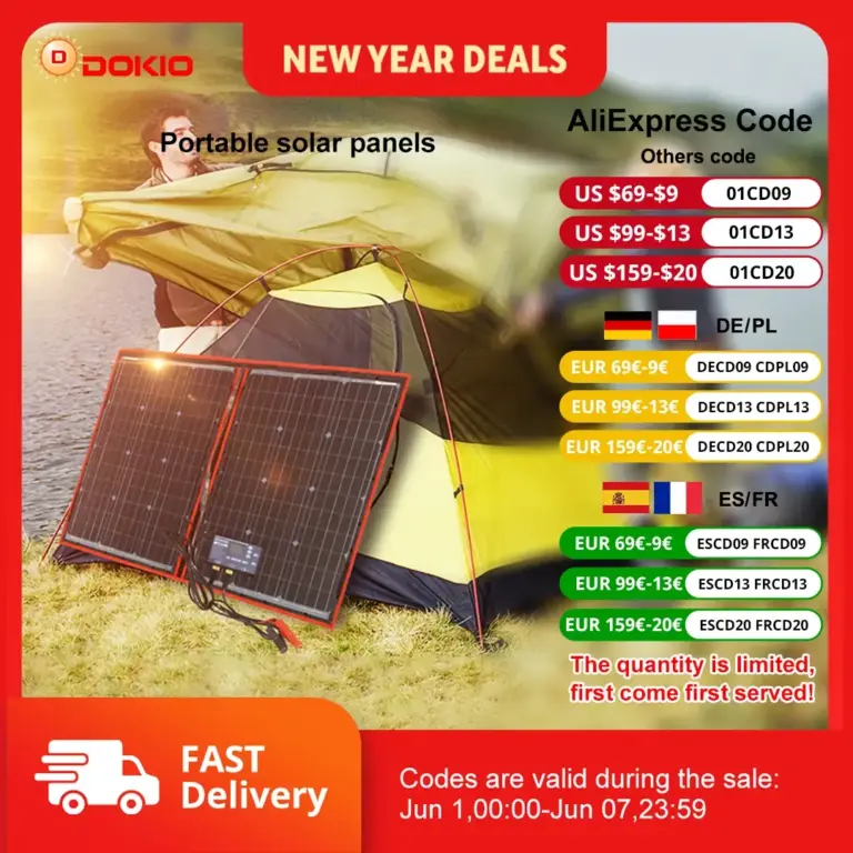 Dokio 18V Сгъваем соларен панел Dokio 18V 97W 150W 195W 295W с 12V контролер - характеристики и ревю wiki on AliExpress